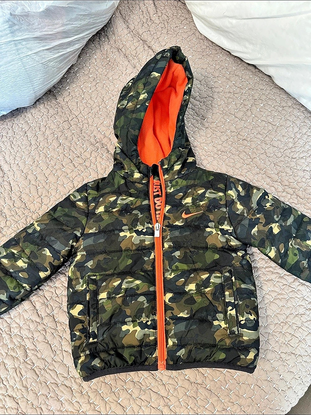 Nike Kids Camo Puffer Hooded Jacket in Green & Orange 18mo